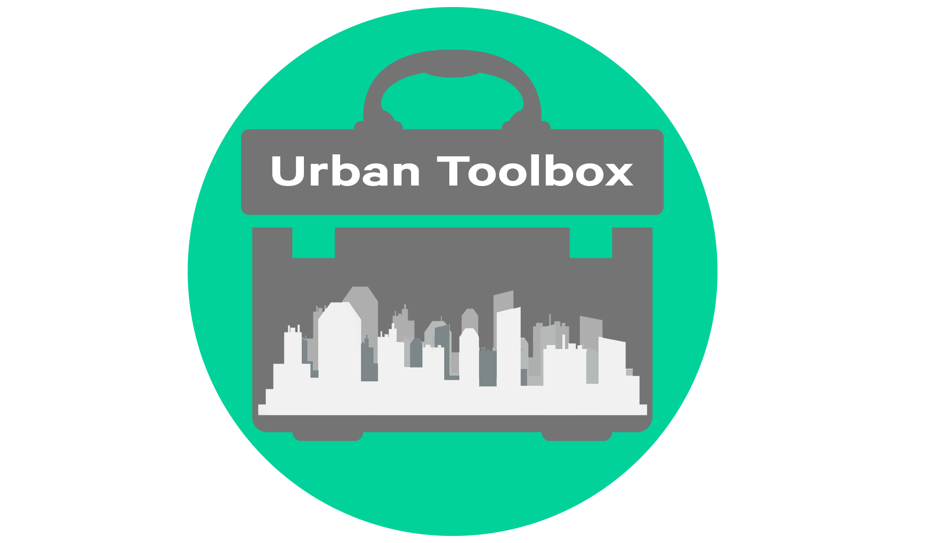 Grey toolbox with building outlines in, on a green background